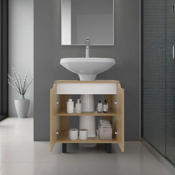 English Elm Marlo Compact Under-Sink Cabinet with Cut-Out Back, Two Doors, Open Lower Shelf, Modern Storage Oak 27.56 L x 25.59 W x 5.12 H B200P368103