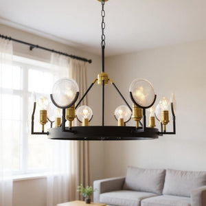 Black Gold Eight Light Chandelier with Clear Glass Shades for Glam Dining Rooms