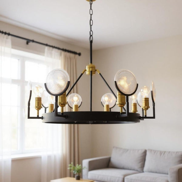 Black Gold Eight Light Chandelier with Clear Glass Shades for Glam Dining Rooms