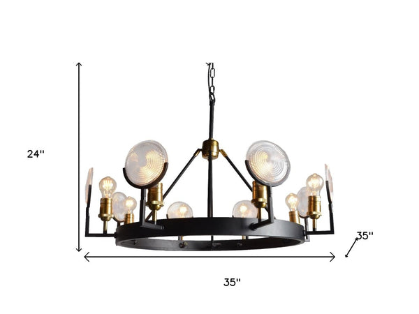 Black Gold Eight Light Chandelier with Clear Glass Shades for Glam Dining Rooms