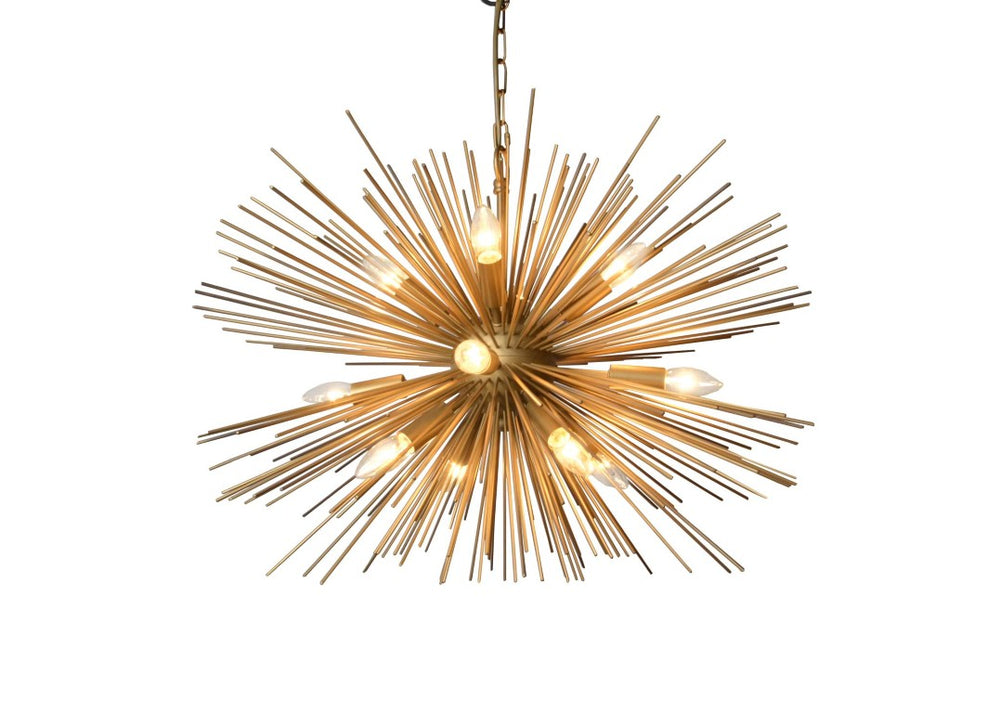 HomeRoots Sputnik Twelve Arm Metal Chandelier Mid-century Atomic Starburst Ceiling Light for Modern Spaces Gold 30" W x 21" H x 30" D 491075