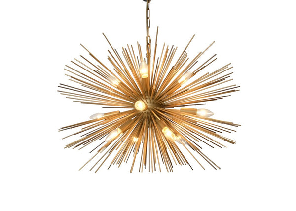 HomeRoots Sputnik Twelve Arm Metal Chandelier Mid-century Atomic Starburst Ceiling Light for Modern Spaces Gold 30" W x 21" H x 30" D 491075