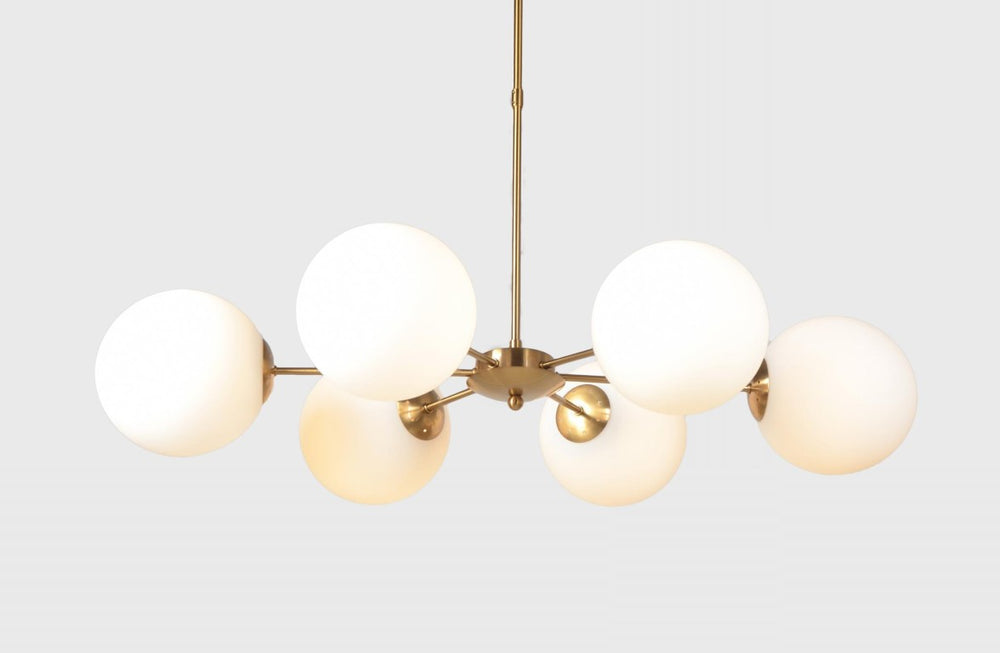 HomeRoots Brass Sputnik Chandelier Six Arm Mid-century Pendant with Frosted Globe Shades 491077