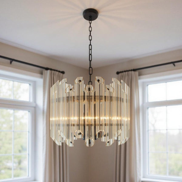 Amber Five Light Beveled Glass Chandelier Warm Glowing Metal Ceiling Fixture