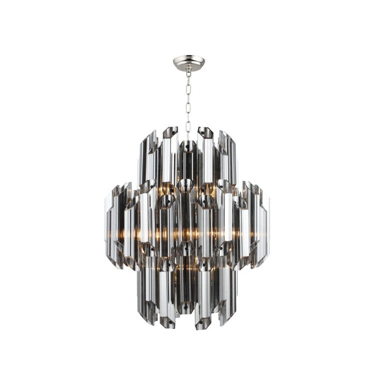 HomeRoots Silver Nine Light Chandelier Beveled Glass and Metal Shades for Elegant Dining Rooms 491081