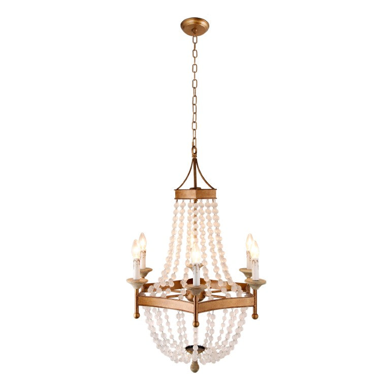HomeRoots Gold Six Light Frosted Glass Chandelier Elegant Metal Ceiling Fixture for Dining Rooms 491083
