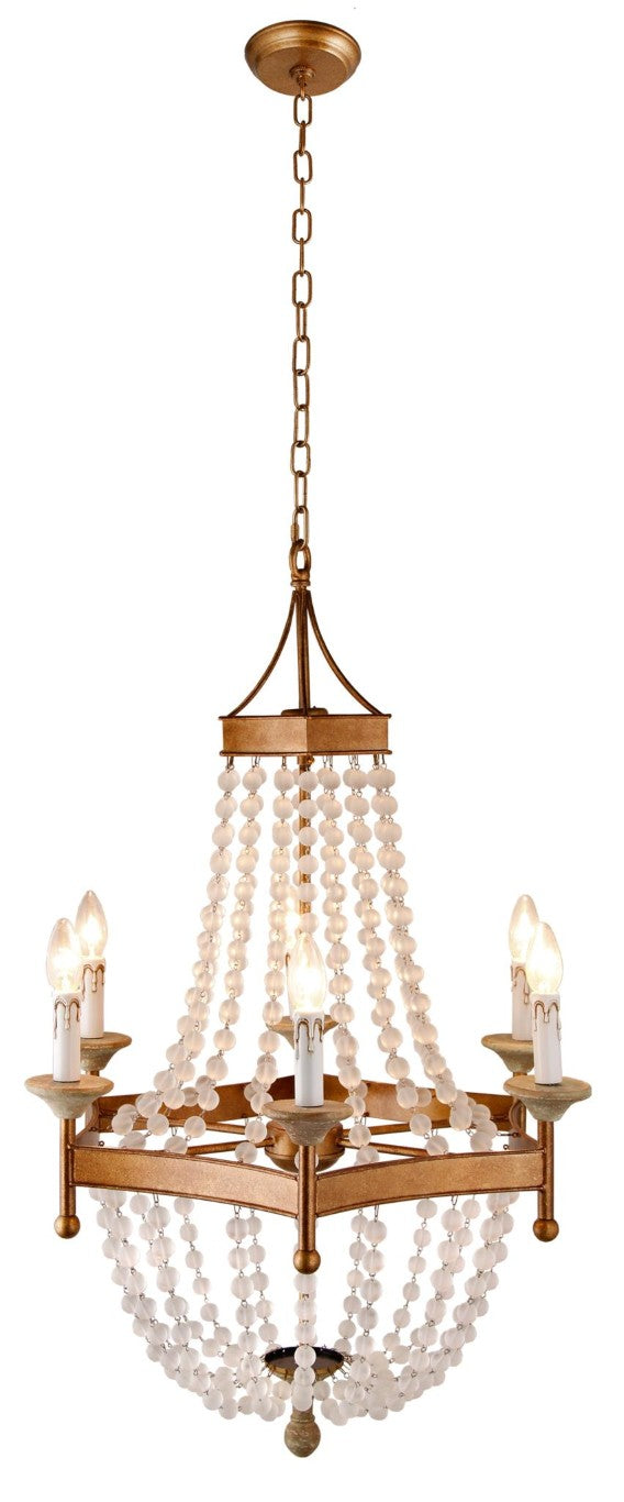 HomeRoots Gold Six Light Frosted Glass Chandelier Elegant Metal Ceiling Fixture for Dining Rooms 491083