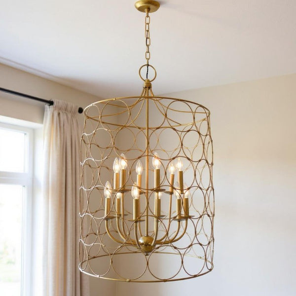 Gold Twelve Light Chandelier Glamorous Metal Fixture with Matching Candelabra Shades