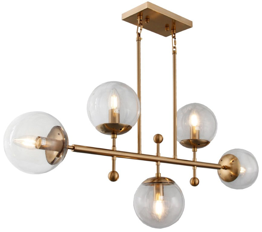 HomeRoots Brass Five Light Island Chandelier with Transparent Glass Shades for Modern Kitchens 491092