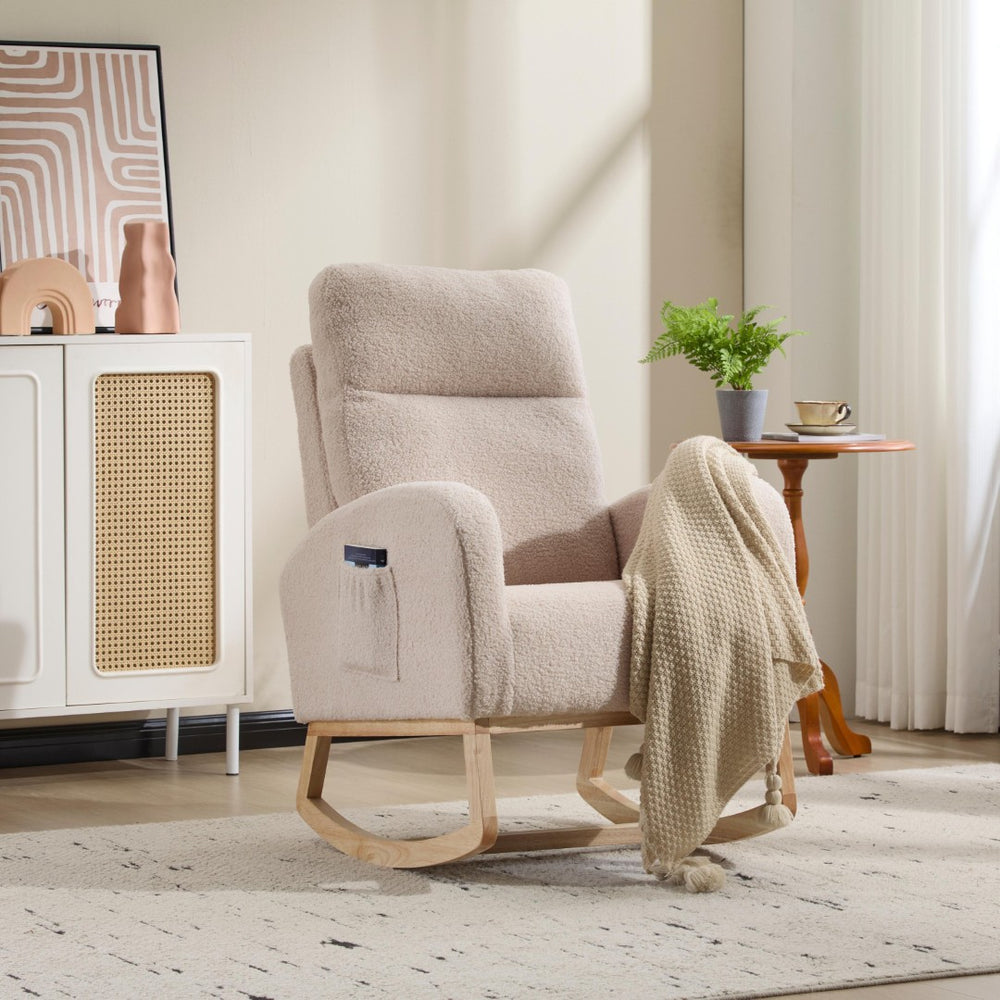 English Elm Modern Upholstered Glider Rocker with Teddy Fabric High Back and Rubberwood Base Beige W3723P409073