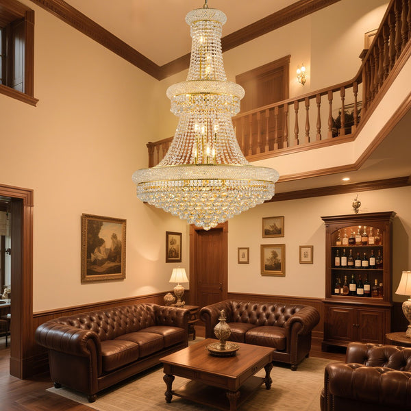 English Elm 32-Inch Crystal Chandelier 21-Light K9 Luxury Ceiling Fixture for Dining Room Bedroom Modern Empire Gold W2869S00027