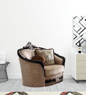 Homeroots 47" Tan Fabric And Black Ornate Frame Damask Arm Chair With Accent Pillows   491106