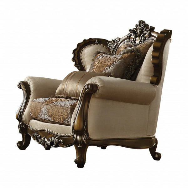 Homeroots 49" Tan And Brown Fabric Floral Tufted Wingback Chair   491107
