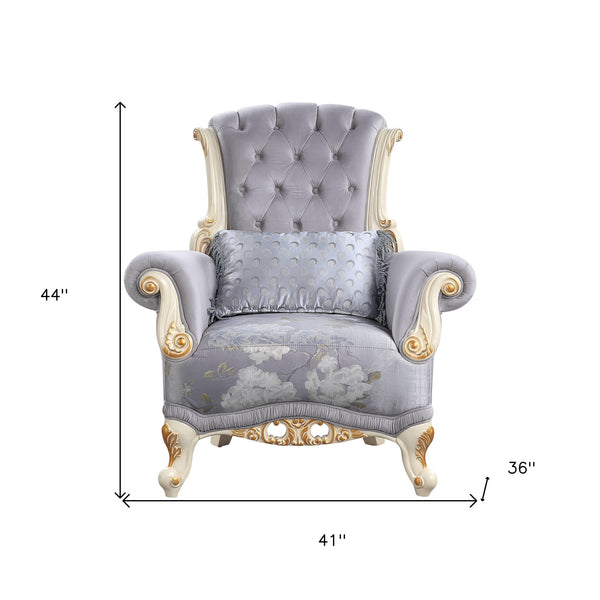 Homeroots 41" Gray And White Fabric Floral Tufted Arm Chair And Toss Pillow   491109
