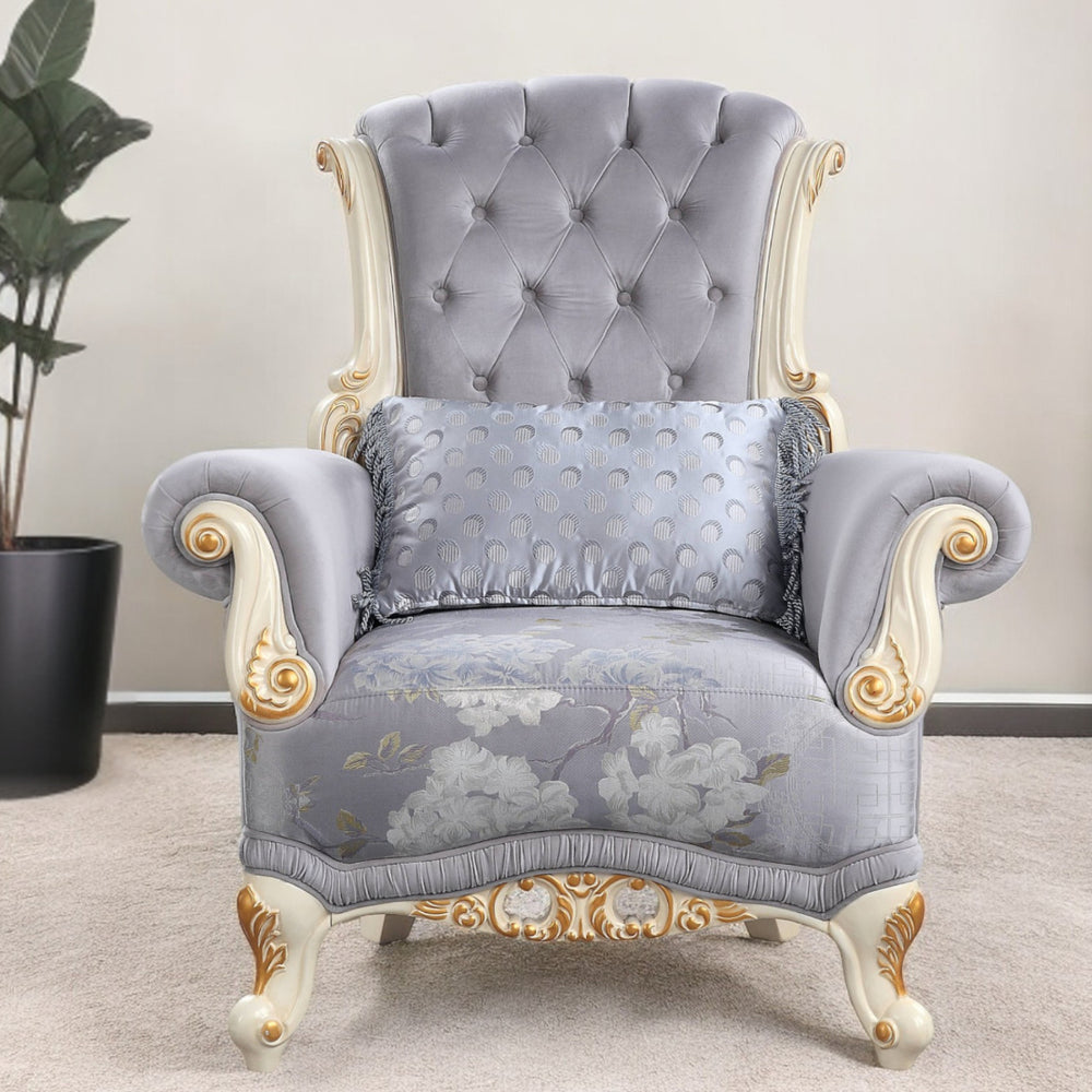 Homeroots 41" Gray And White Fabric Floral Tufted Arm Chair And Toss Pillow   491109