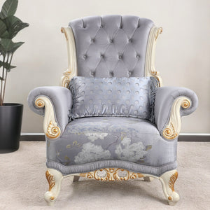 Homeroots 41" Gray And White Fabric Floral Tufted Arm Chair And Toss Pillow   491109