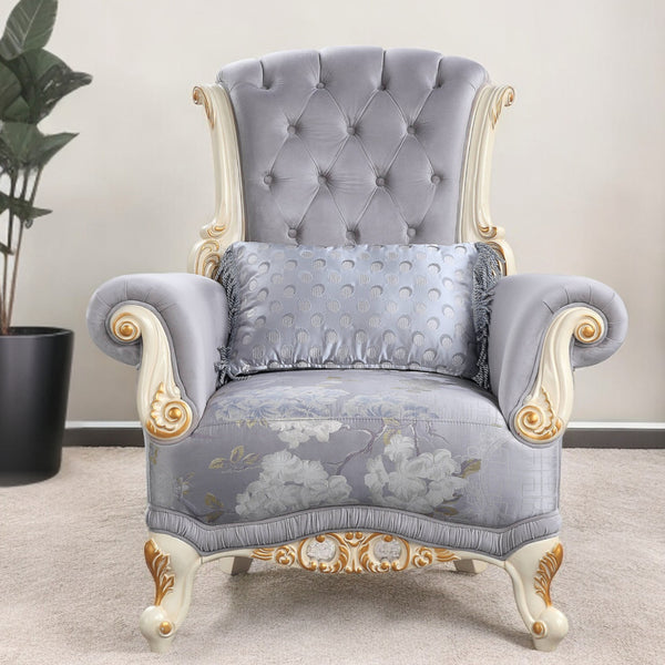 Homeroots 41" Gray And White Fabric Floral Tufted Arm Chair And Toss Pillow   491109