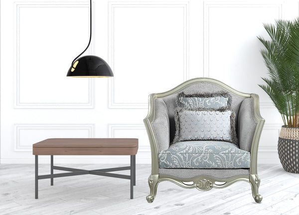 Homeroots 44" Light Gray Linen And Champagne Floral Arm Chair   491112