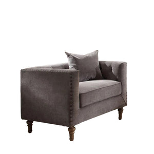 Homeroots 41" Gray And Brown Velvet Tufted Arm Chair And Toss Pillow   491114