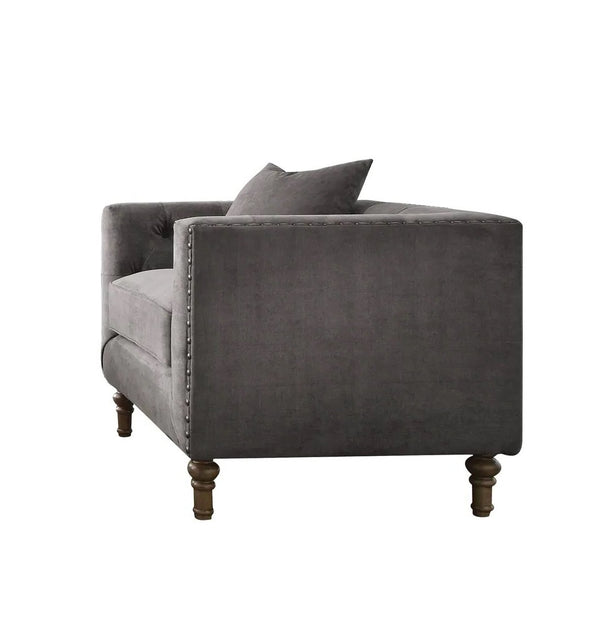 Homeroots 41" Gray And Brown Velvet Tufted Arm Chair And Toss Pillow   491114