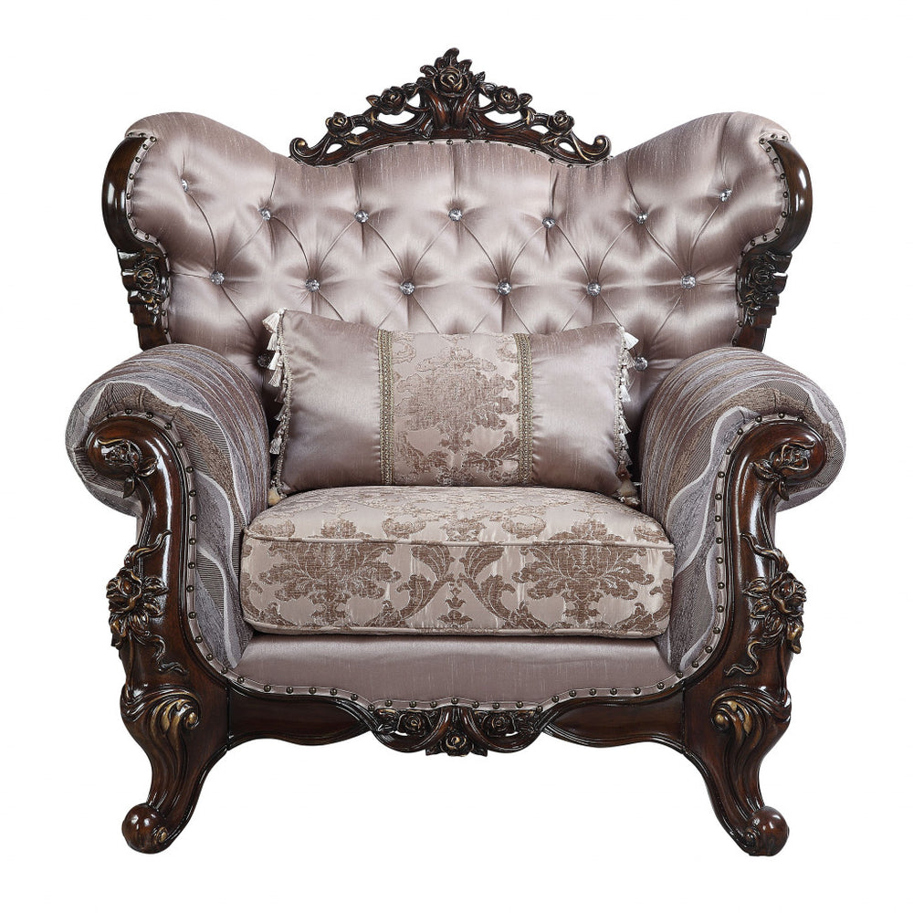 Homeroots 46" Light Gray Fabric And Antique Oak Floral Tufted Arm Chair   491116
