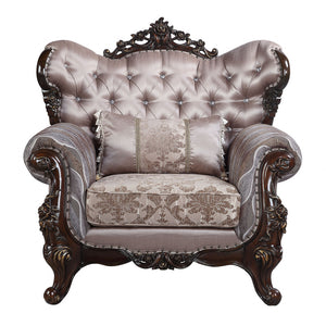 Homeroots 46" Light Gray Fabric And Antique Oak Floral Tufted Arm Chair   491116