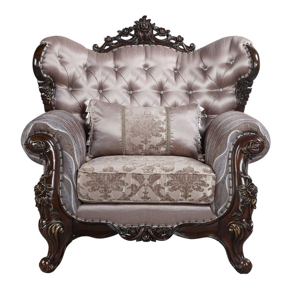 Homeroots 46" Light Gray Fabric And Antique Oak Floral Tufted Arm Chair   491116