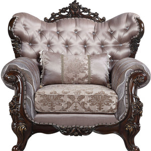 Homeroots 46" Light Gray Fabric And Antique Oak Floral Tufted Arm Chair   491116