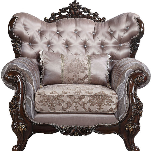 Homeroots 46" Light Gray Fabric And Antique Oak Floral Tufted Arm Chair   491116