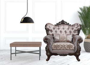 Homeroots 46" Light Gray Fabric And Antique Oak Floral Tufted Arm Chair   491116