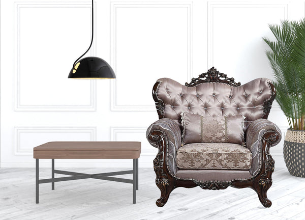 Homeroots 46" Light Gray Fabric And Antique Oak Floral Tufted Arm Chair   491116