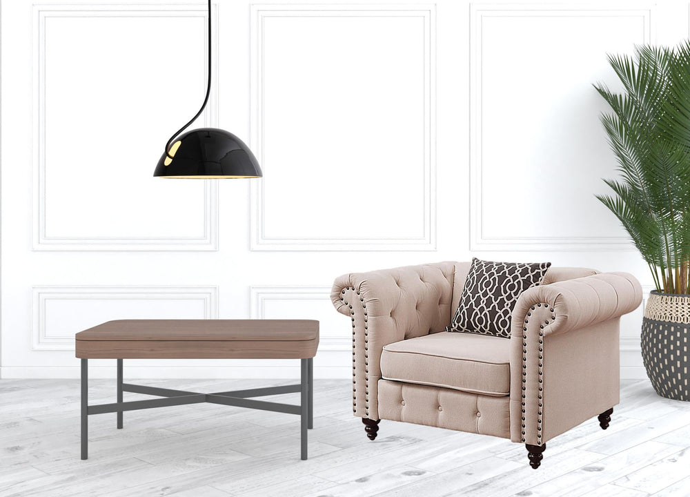 Homeroots 45" Beige Linen And Black Tufted Chesterfield Chair   491122