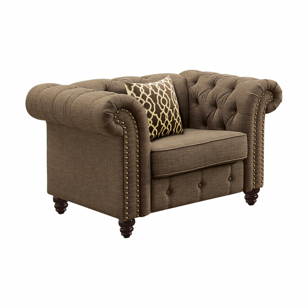 Homeroots 45" Brown Linen And Black Tufted Chesterfield Chair   491123