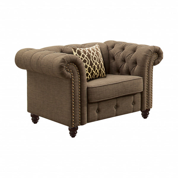 Homeroots 45" Brown Linen And Black Tufted Chesterfield Chair   491123