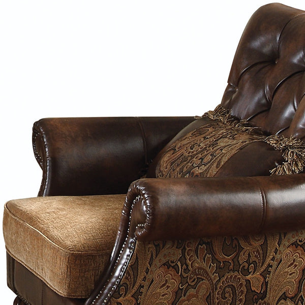 Homeroots 38" Brown And Black Faux Leather Floral Tufted Arm Chair   491125