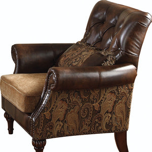 Homeroots 38" Brown And Black Faux Leather Floral Tufted Arm Chair   491125