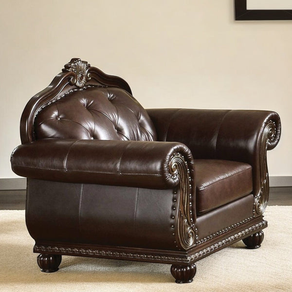 Homeroots 47" Espresso Top Grain Leather Tufted Arm Chair   491126