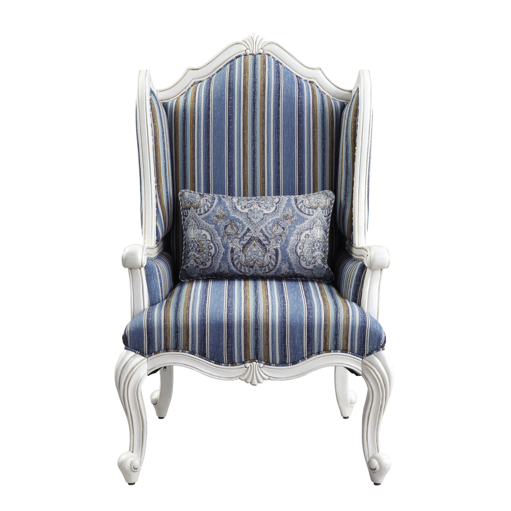 Homeroots 31" Blue White And Brown Fabric And White Striped Wingback Chair   491130