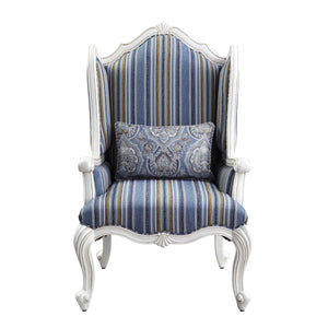 Homeroots 31" Blue White And Brown Fabric And White Striped Wingback Chair   491130