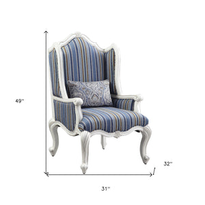 Homeroots 31" Blue White And Brown Fabric And White Striped Wingback Chair   491130