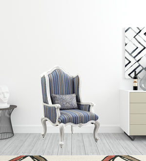 Homeroots 31" Blue White And Brown Fabric And White Striped Wingback Chair   491130