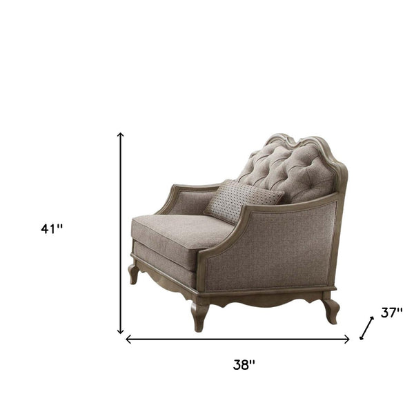 Homeroots 38" Beige And Taupe Fabric Tufted Chair And A Half And Toss Pillow   491132
