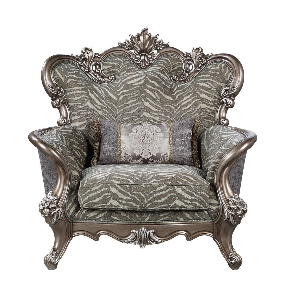 Homeroots 47" Gray Fabric And Antique Bronze Floral Tufted Wingback Chair   491133