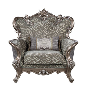 Homeroots 47" Gray Fabric And Antique Bronze Floral Tufted Wingback Chair   491133