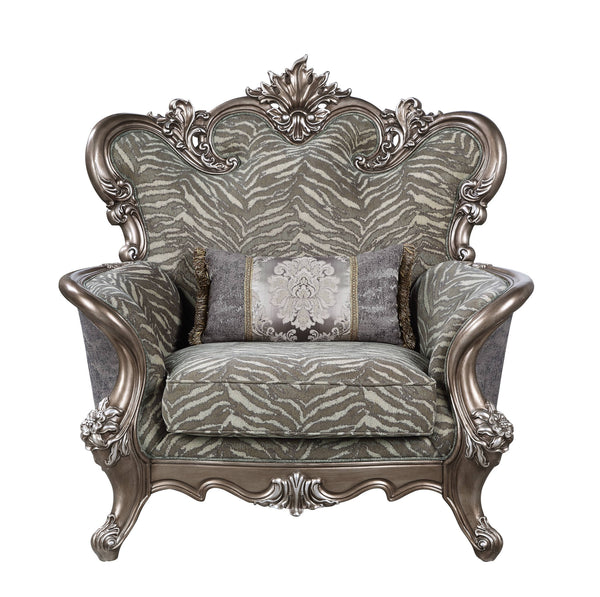 Homeroots 47" Gray Fabric And Antique Bronze Floral Tufted Wingback Chair   491133
