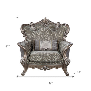 Homeroots 47" Gray Fabric And Antique Bronze Floral Tufted Wingback Chair   491133
