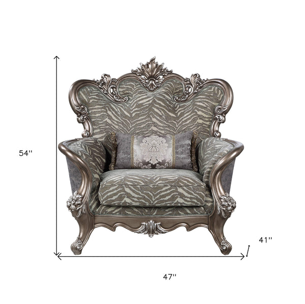 Homeroots 47" Gray Fabric And Antique Bronze Floral Tufted Wingback Chair   491133