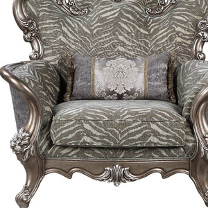 Homeroots 47" Gray Fabric And Antique Bronze Floral Tufted Wingback Chair   491133