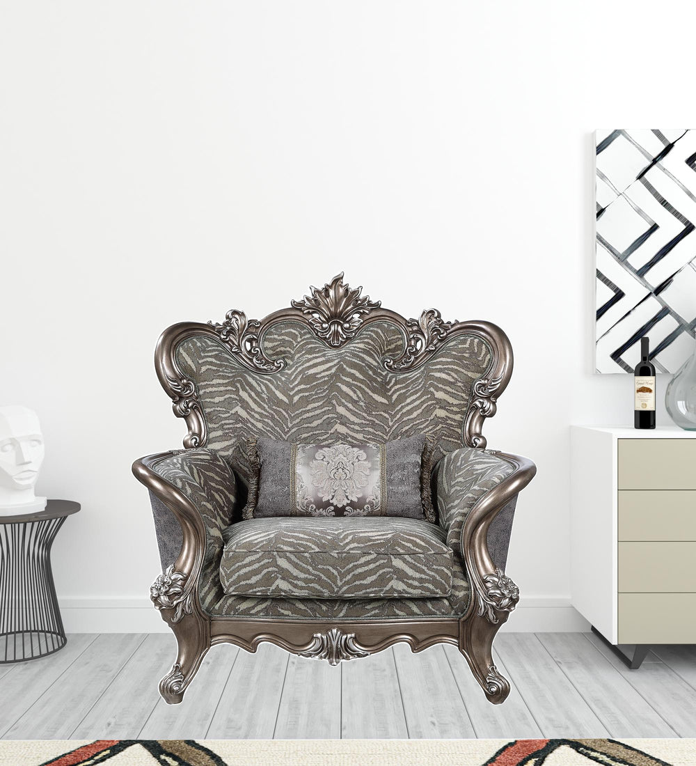 Homeroots 47" Gray Fabric And Antique Bronze Floral Tufted Wingback Chair   491133