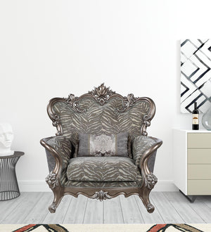 Homeroots 47" Gray Fabric And Antique Bronze Floral Tufted Wingback Chair   491133